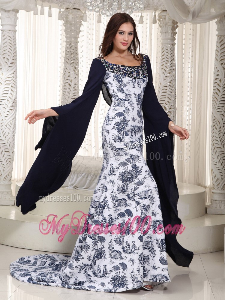 Perfect Mermaid Square Brush Train Printing Beading Celebrity Dresses