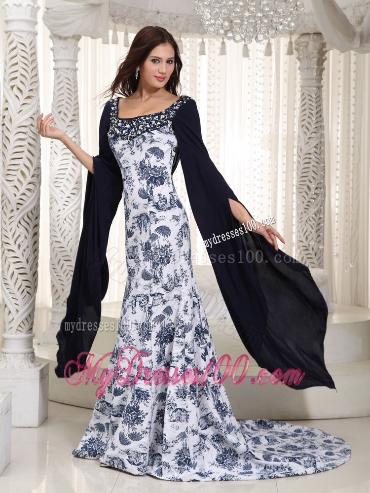 Perfect Mermaid Square Brush Train Printing Beading Celebrity Dresses