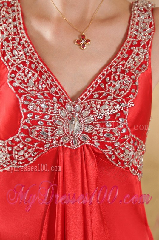 2013 Red Column V-neck Beading Appliques Prom Evening Dress