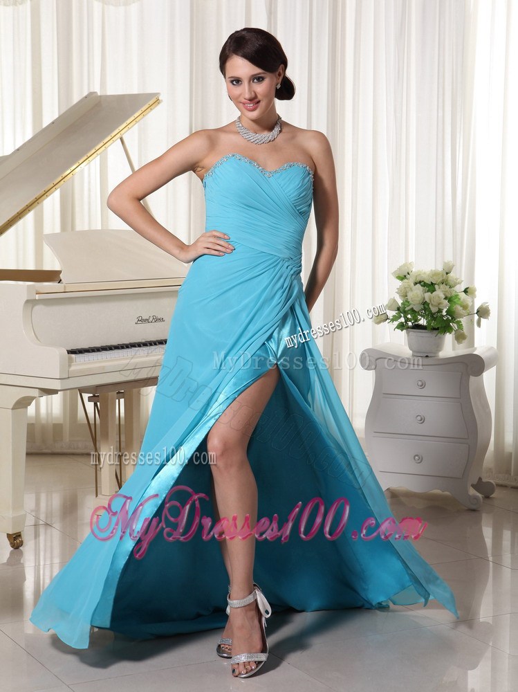 Aqua Blue High Slit Celebrity Dress With Beading Sweetheart and Ruche