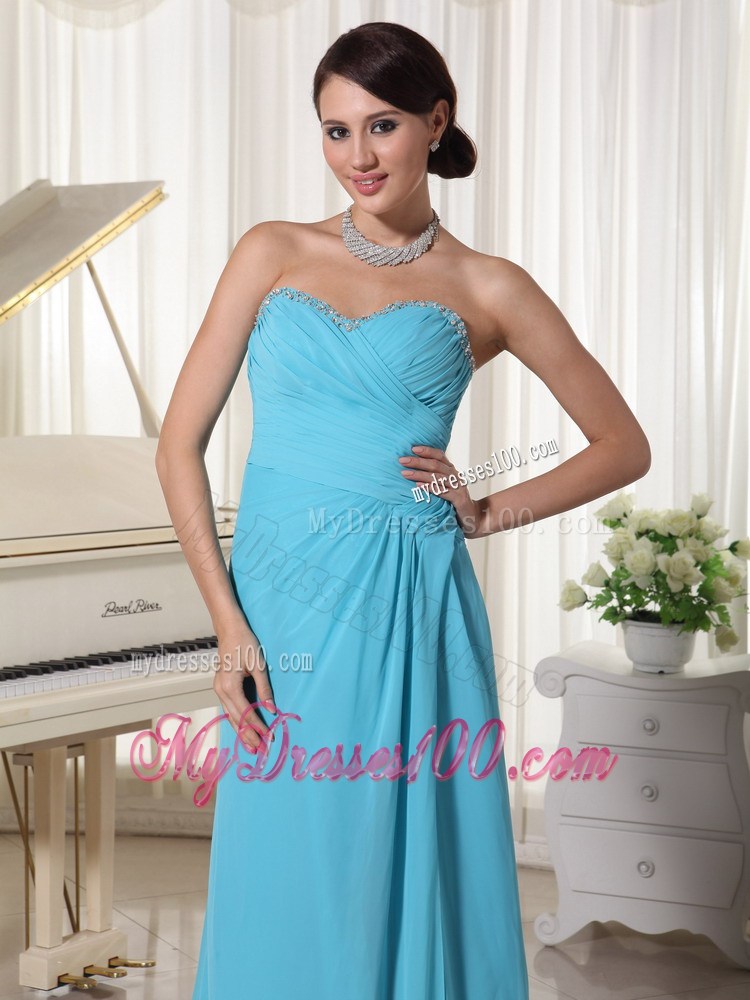 Aqua Blue High Slit Celebrity Dress With Beading Sweetheart and Ruche