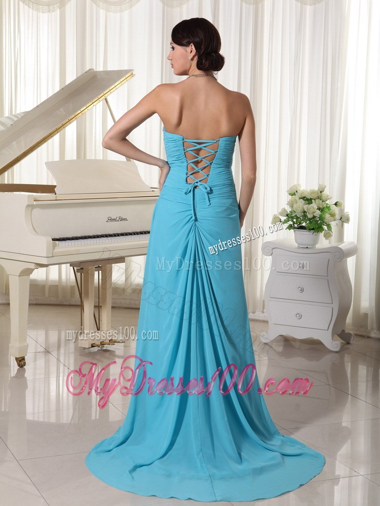Aqua Blue High Slit Celebrity Dress With Beading Sweetheart and Ruche