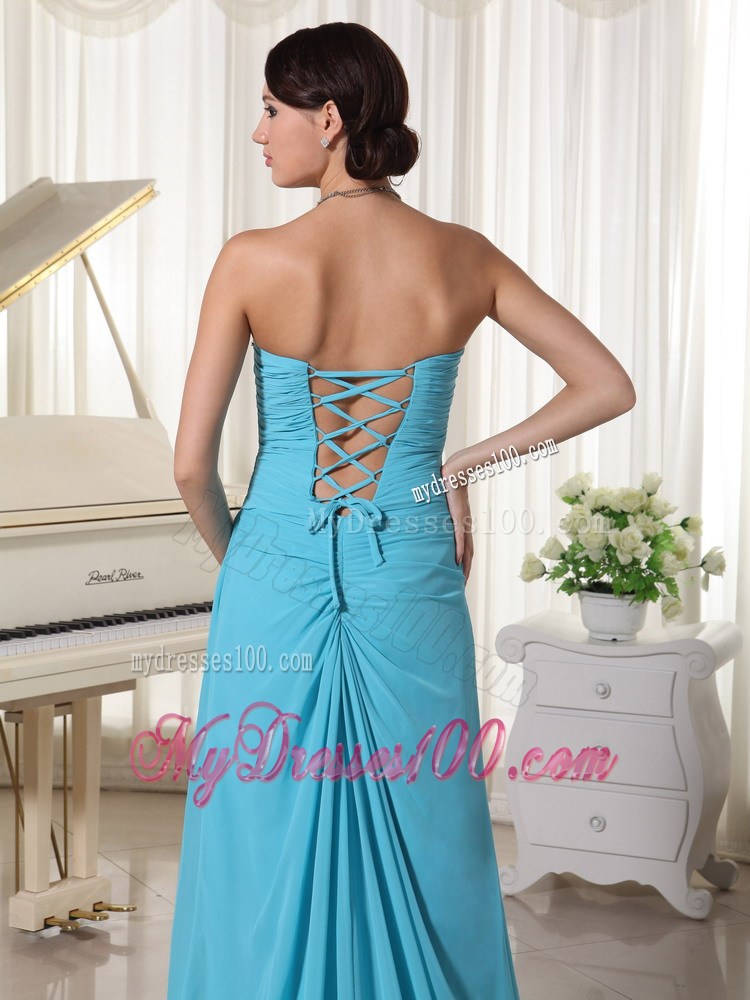 Aqua Blue High Slit Celebrity Dress With Beading Sweetheart and Ruche