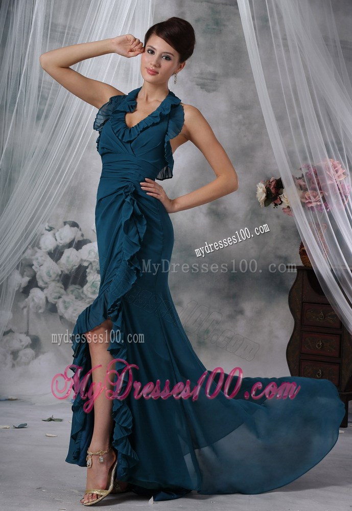 Halter High Slit Green Celebrity Dresses with Ruching and Ruffles 2013