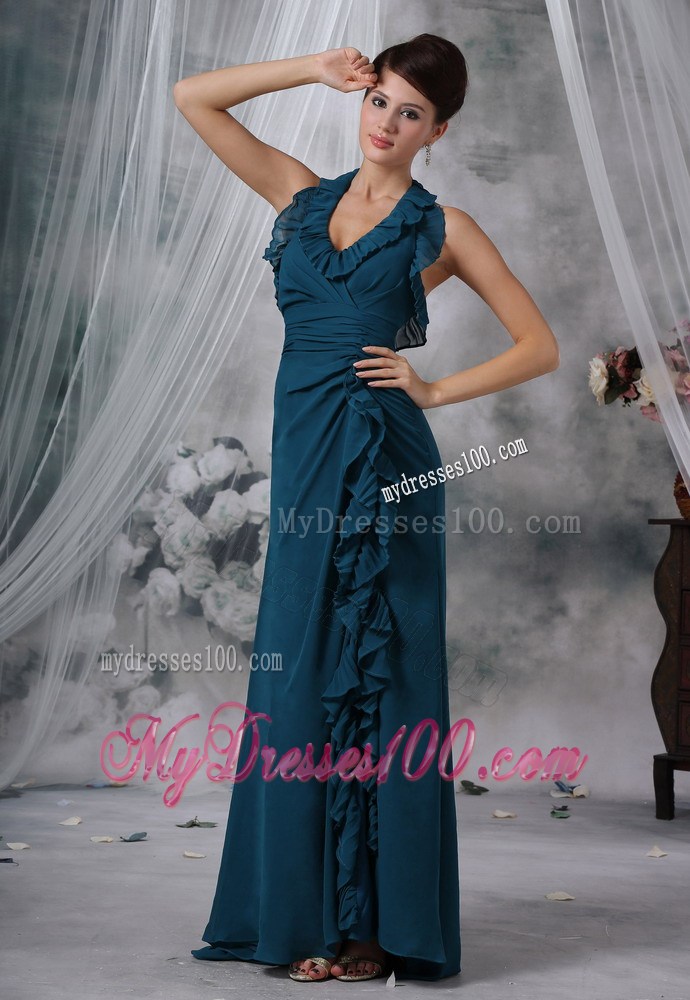 Halter High Slit Green Celebrity Dresses with Ruching and Ruffles 2013
