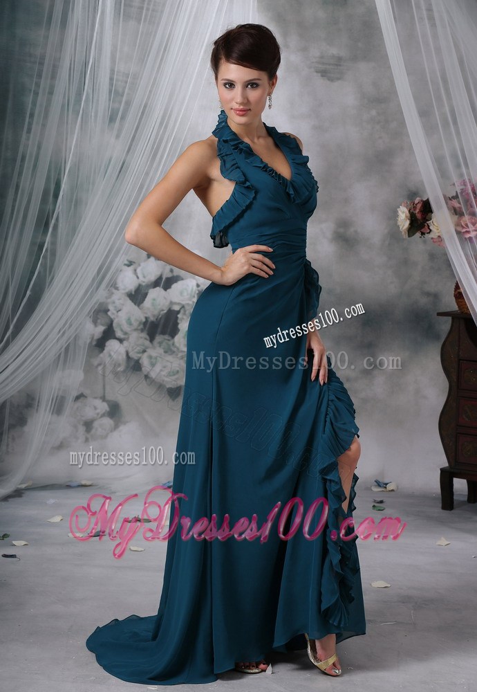 Halter High Slit Green Celebrity Dresses with Ruching and Ruffles 2013