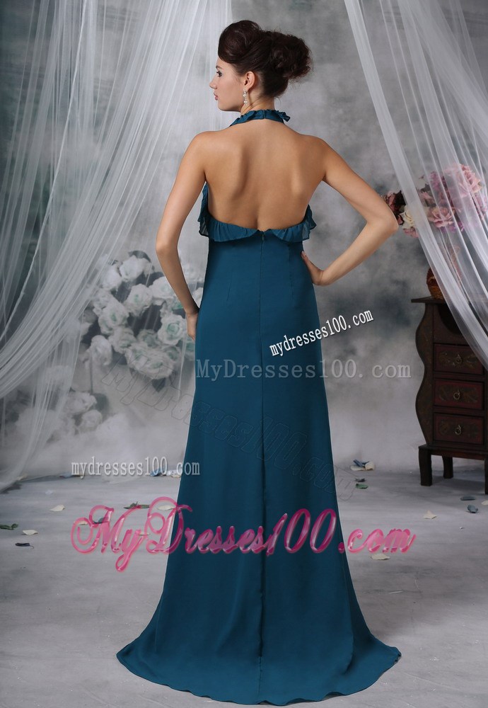 Halter High Slit Green Celebrity Dresses with Ruching and Ruffles 2013
