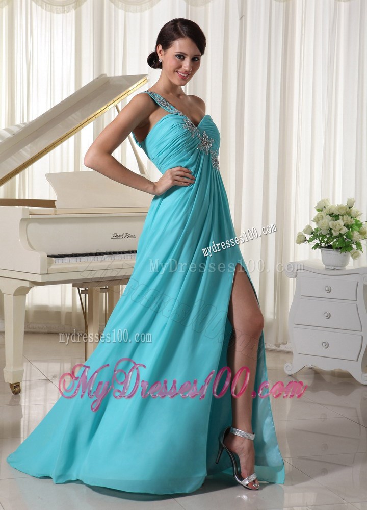 Beaded One Shoulder Turquoise Blue Celebrity Dresses With High Slit