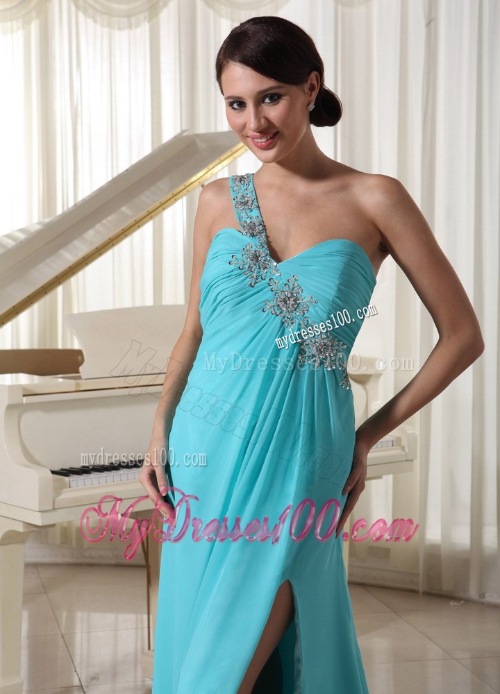 Beaded One Shoulder Turquoise Blue Celebrity Dresses With High Slit
