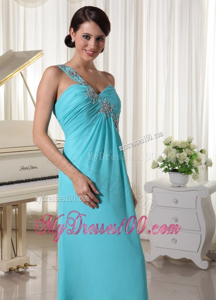 Beaded One Shoulder Turquoise Blue Celebrity Dresses With High Slit