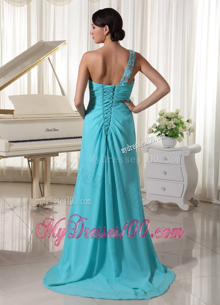 Beaded One Shoulder Turquoise Blue Celebrity Dresses With High Slit