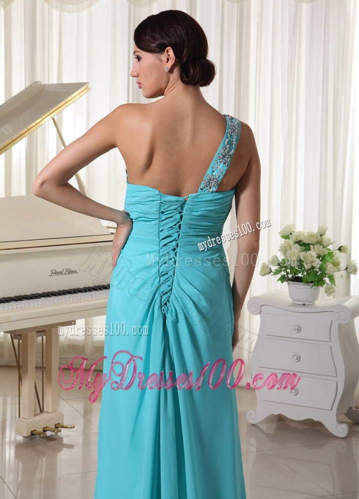 Beaded One Shoulder Turquoise Blue Celebrity Dresses With High Slit