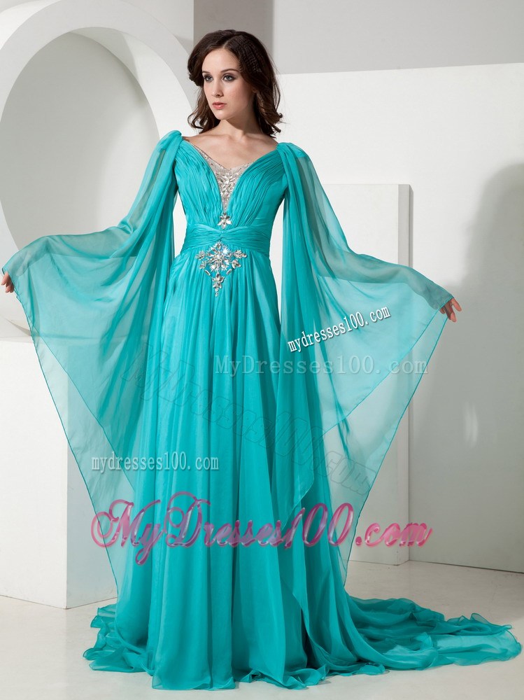 Fashionable Empire V-neck Beading Long Sleeves Celebrity Dresses
