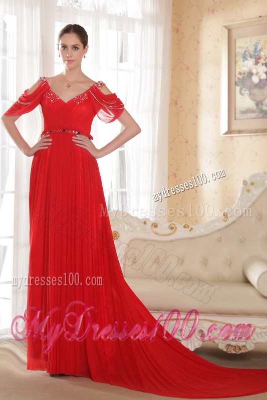 Red Empire V-neck Beading Celebrity Dresses with Beading Ruching