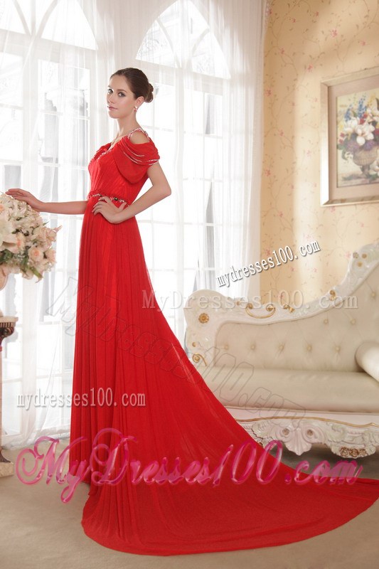Red Empire V-neck Beading Celebrity Dresses with Beading Ruching