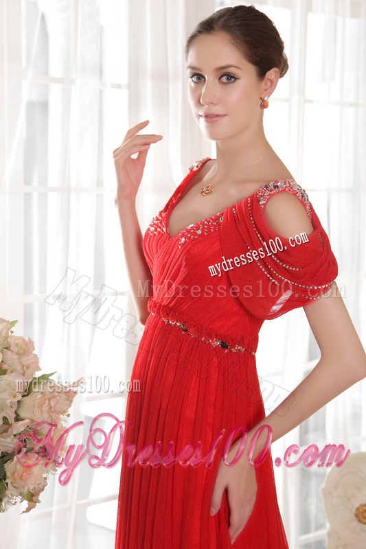 Red Empire V-neck Beading Celebrity Dresses with Beading Ruching