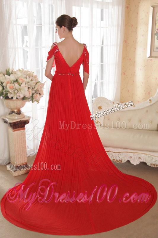 Red Empire V-neck Beading Celebrity Dresses with Beading Ruching