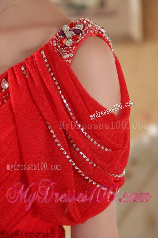 Red Empire V-neck Beading Celebrity Dresses with Beading Ruching