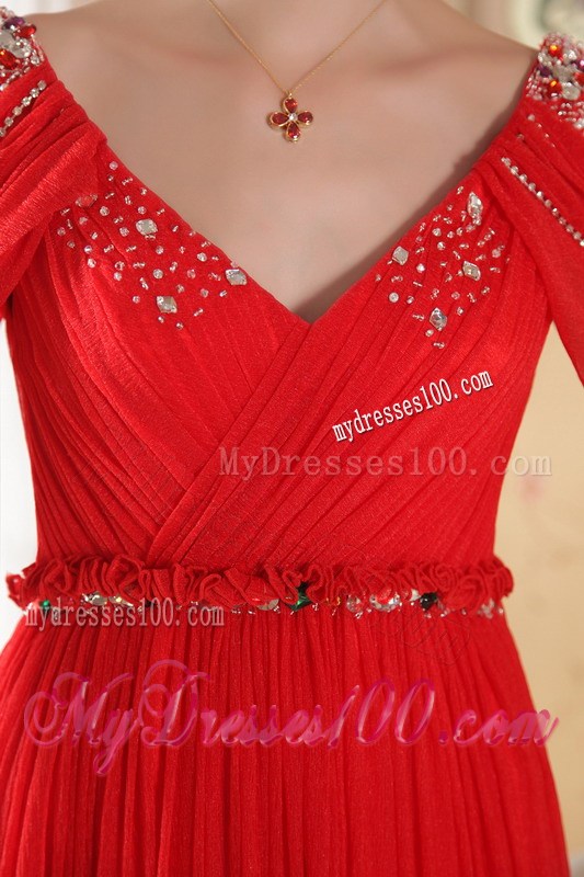 Red Empire V-neck Beading Celebrity Dresses with Beading Ruching