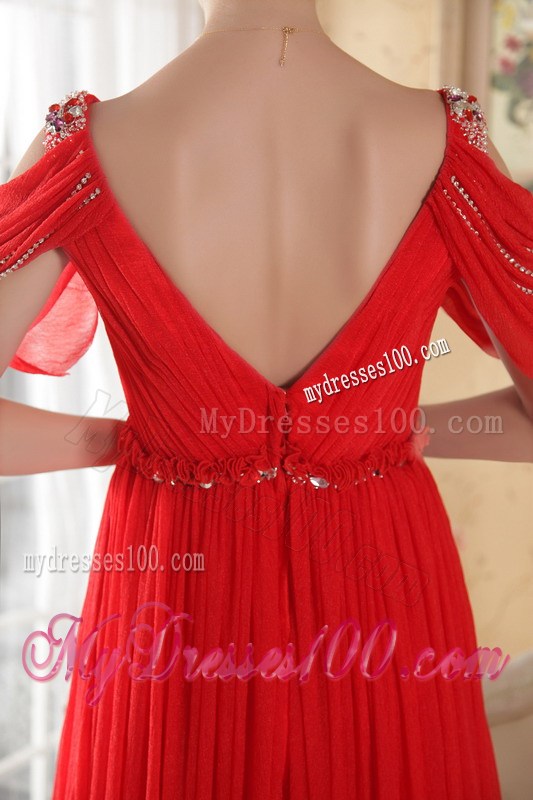 Red Empire V-neck Beading Celebrity Dresses with Beading Ruching