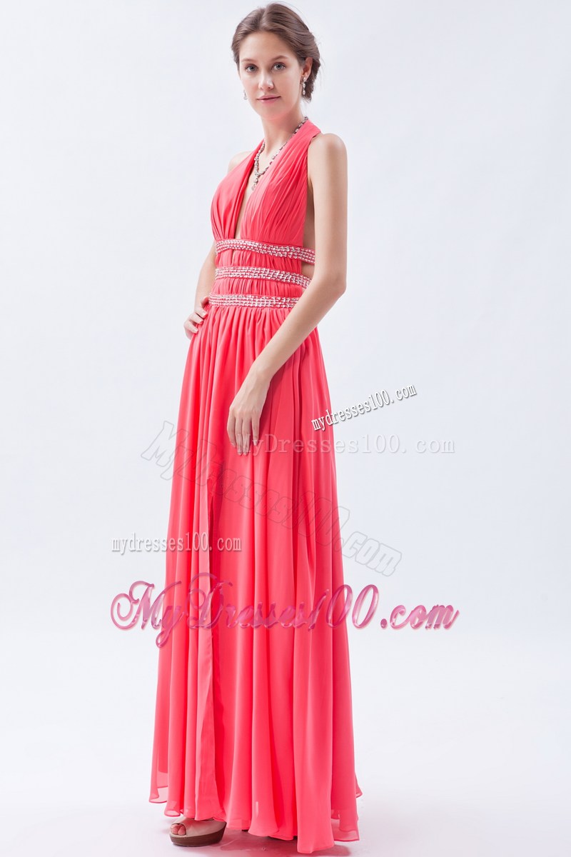 2013 Fashion Watermelon Empire Halter Beading Celebrity Dresses