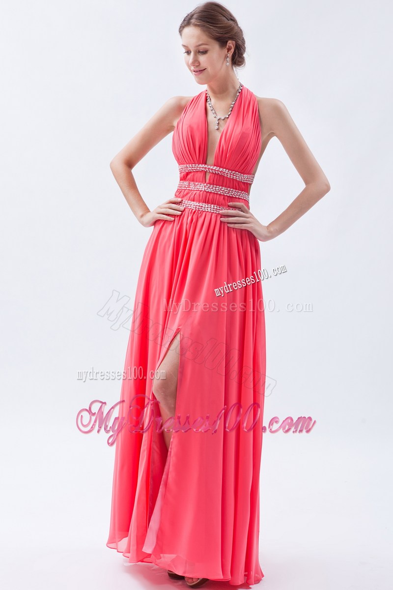 2013 Fashion Watermelon Empire Halter Beading Celebrity Dresses