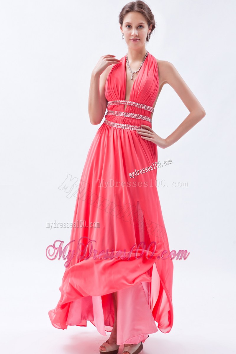 2013 Fashion Watermelon Empire Halter Beading Celebrity Dresses