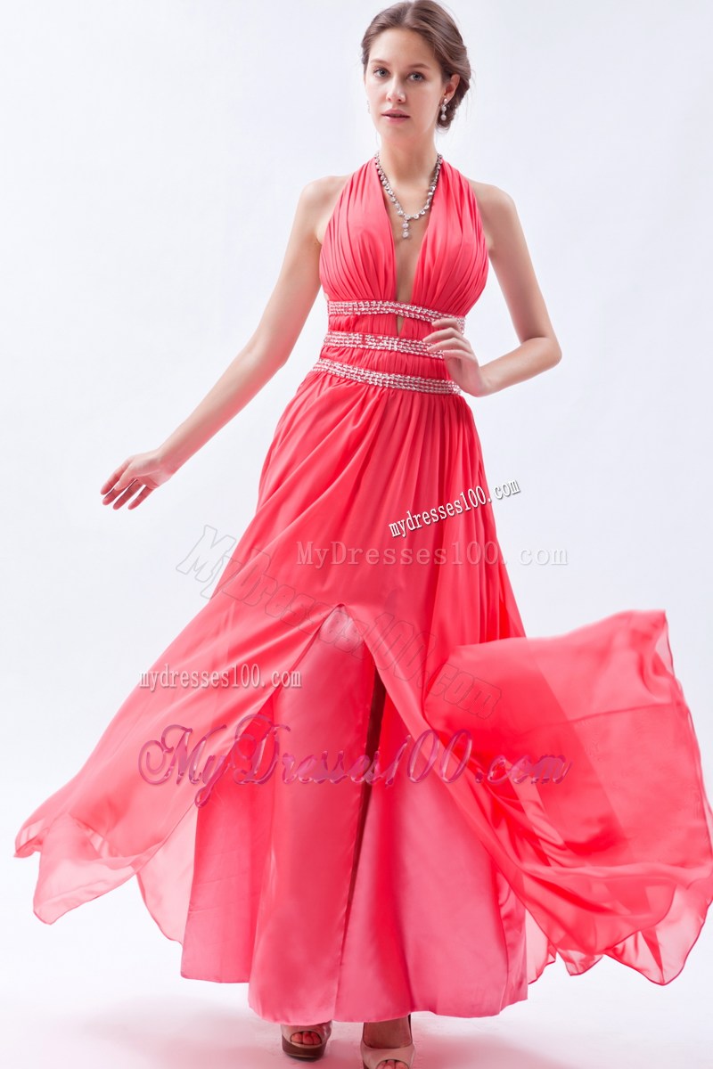 2013 Fashion Watermelon Empire Halter Beading Celebrity Dresses