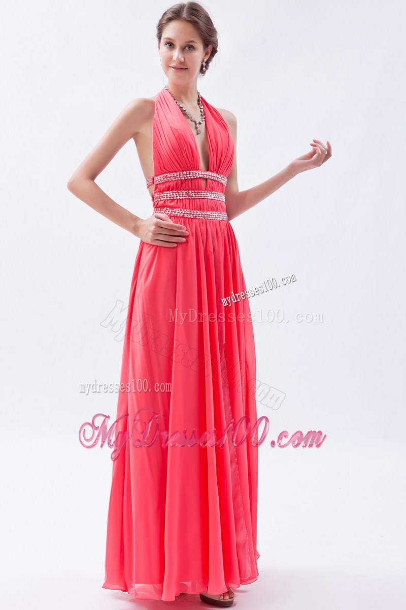 2013 Fashion Watermelon Empire Halter Beading Celebrity Dresses