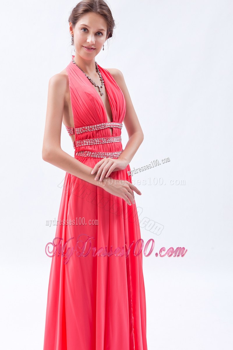 2013 Fashion Watermelon Empire Halter Beading Celebrity Dresses
