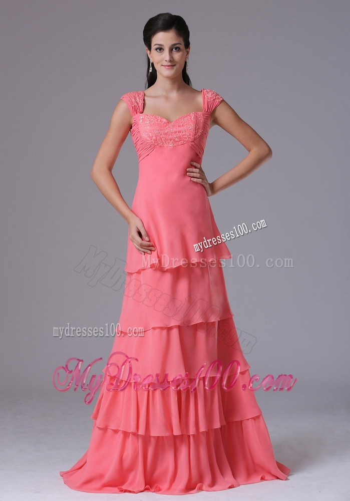 Watermelon Ruffled Layers Square Celebrity Dresses With Appliques