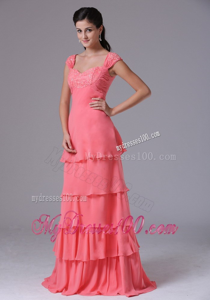 Watermelon Ruffled Layers Square Celebrity Dresses With Appliques