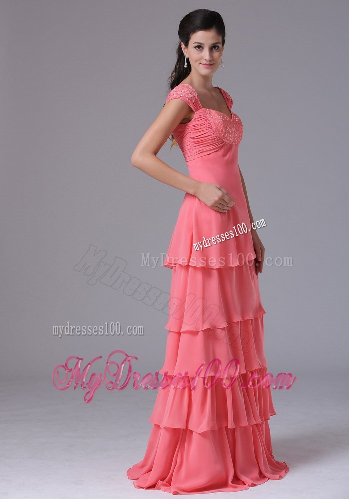 Watermelon Ruffled Layers Square Celebrity Dresses With Appliques