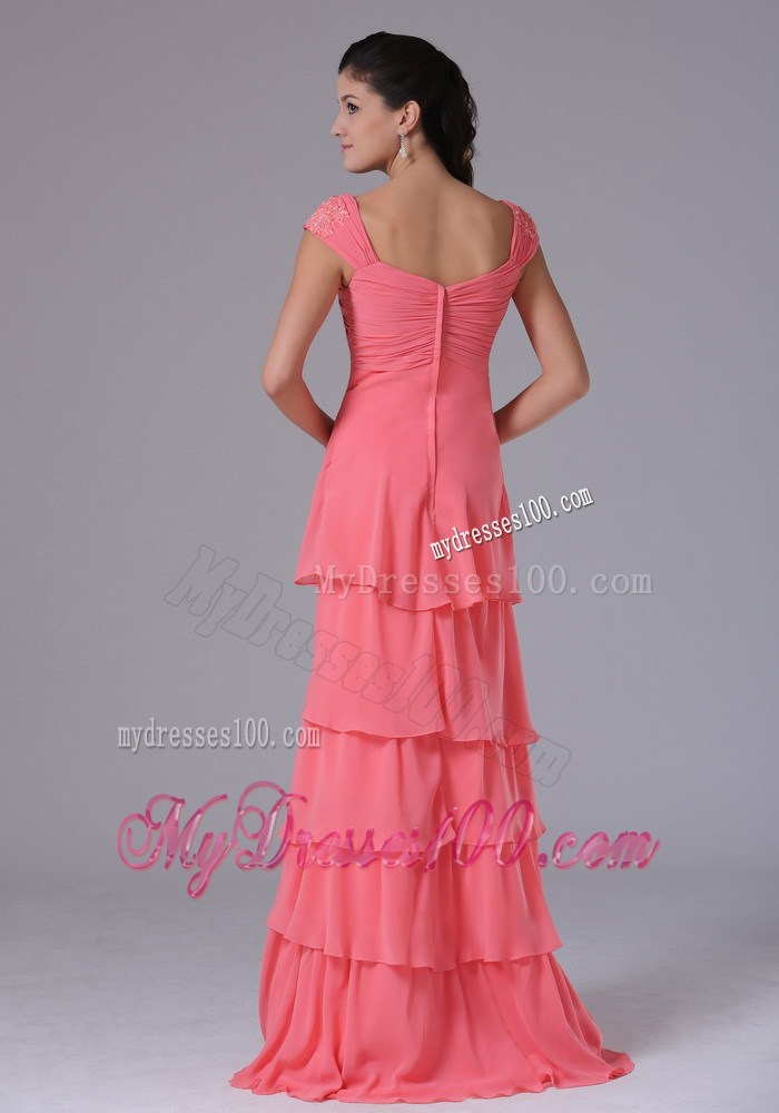 Watermelon Ruffled Layers Square Celebrity Dresses With Appliques