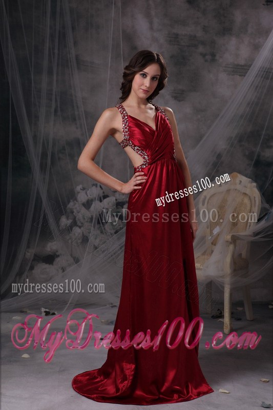Wine Red Empire V-neck Celebrity Dresses with Beading and Ruched