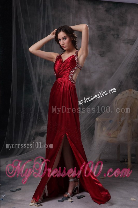 Wine Red Empire V-neck Celebrity Dresses with Beading and Ruched