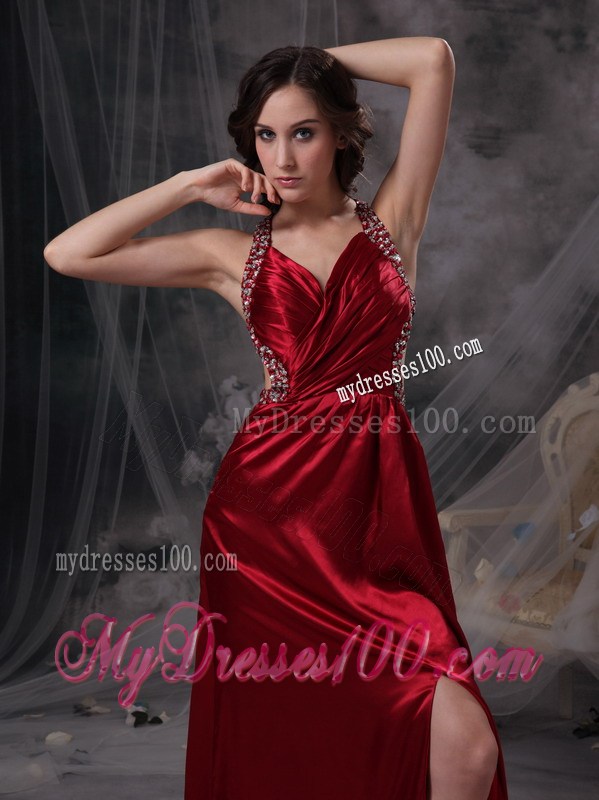 Wine Red Empire V-neck Celebrity Dresses with Beading and Ruched
