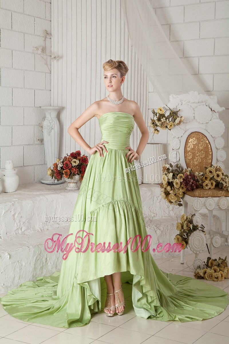 Yellow Green Strapless Ruched Celebrity Dresses with High-low