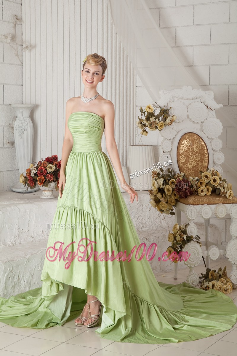 Yellow Green Strapless Ruched Celebrity Dresses with High-low