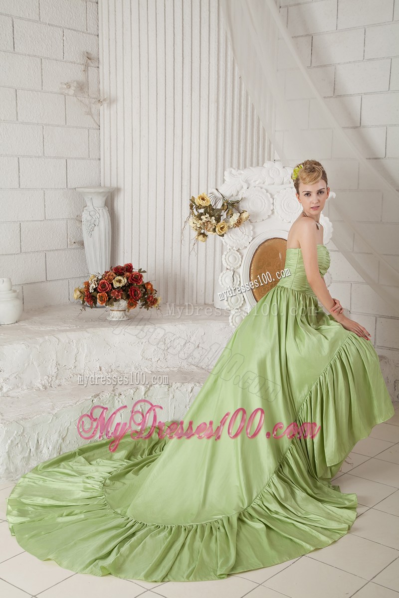 Yellow Green Strapless Ruched Celebrity Dresses with High-low