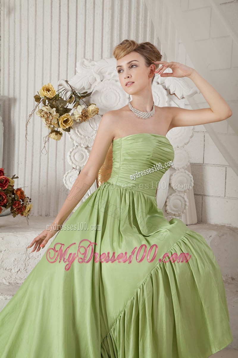Yellow Green Strapless Ruched Celebrity Dresses with High-low