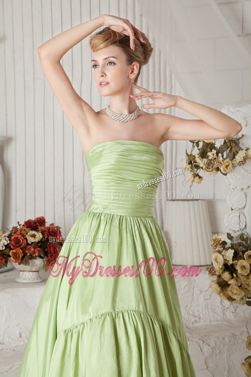 Yellow Green Strapless Ruched Celebrity Dresses with High-low