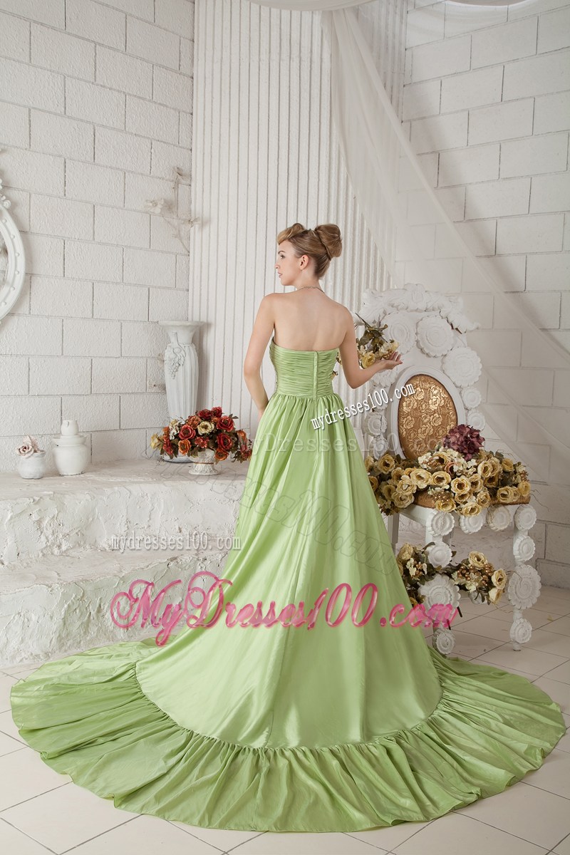 Yellow Green Strapless Ruched Celebrity Dresses with High-low