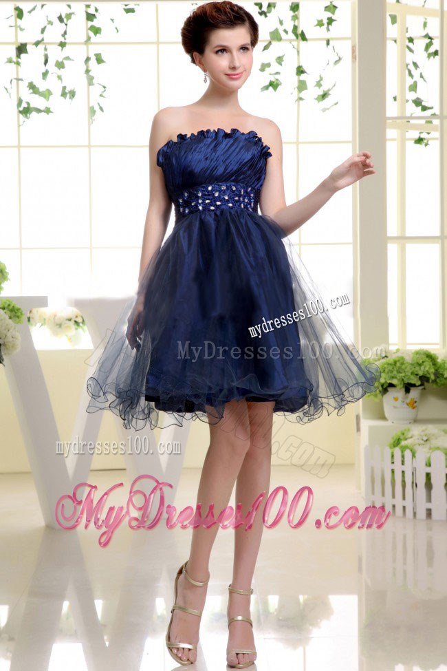 Navy Blue Princess Strapless Beaded Decorate Waist Party Dresses