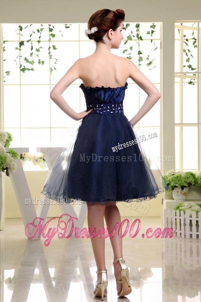 Navy Blue Princess Strapless Beaded Decorate Waist Party Dresses