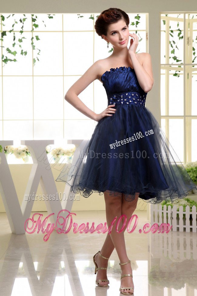 Navy Blue Princess Strapless Beaded Decorate Waist Party Dresses
