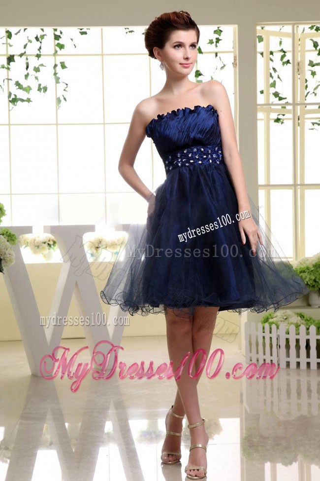 Navy Blue Princess Strapless Beaded Decorate Waist Party Dresses