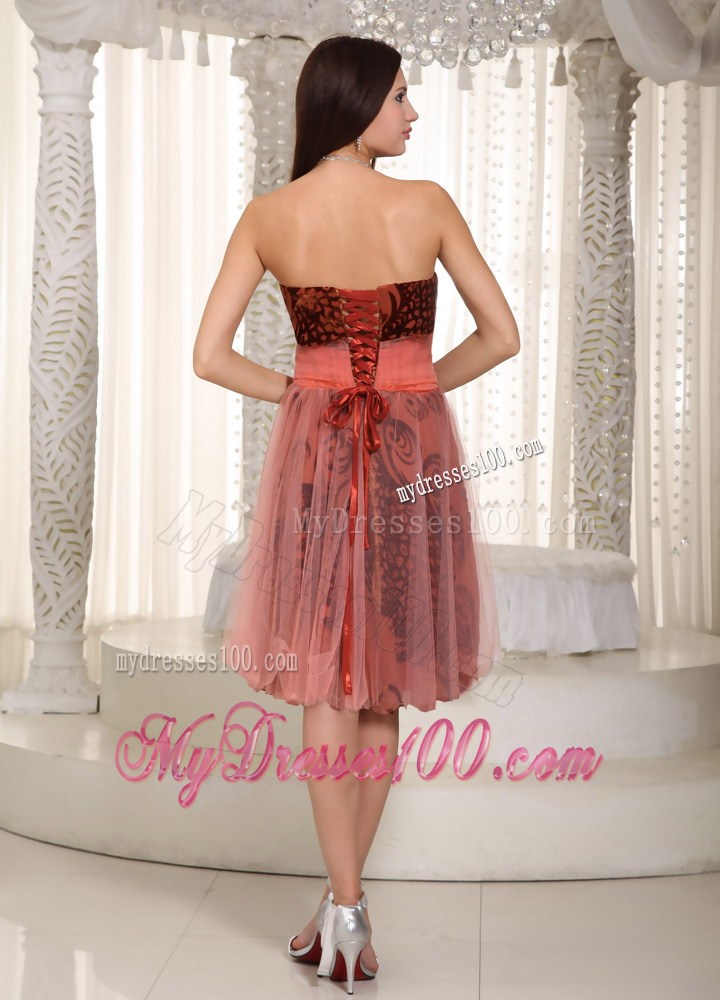 2013 Rust Red Strapless Knee-length Printing Belt Party Dress