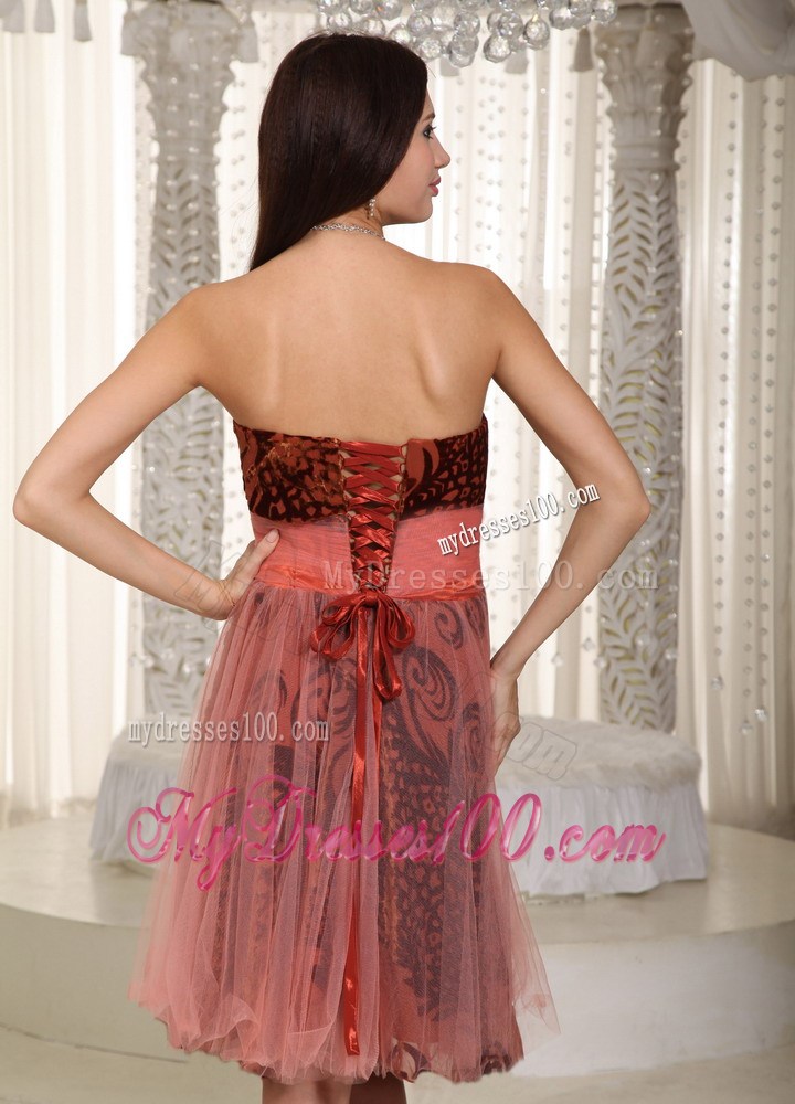 2013 Rust Red Strapless Knee-length Printing Belt Party Dress
