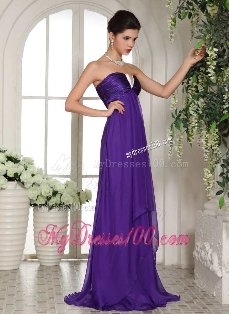Stylish V-neck Eggplant Purple 2013 Long Party Dresses With Ruched